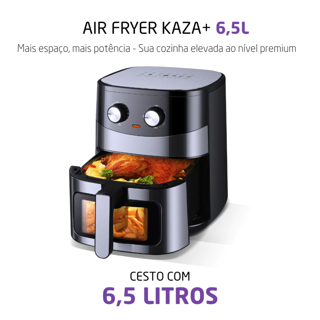 Fritadeira Elétrica Sem Óleo Air Fryer 6.5L Inox Com Visor 1500W 220V Multiuso Grande Cozinha Kaza