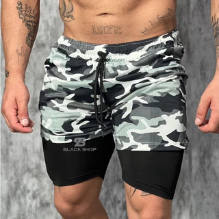 Shorts 2 em 1 Dry Duplo Camuflado Plus Size M ao G3 Com Compressão Academia Treino Corrida