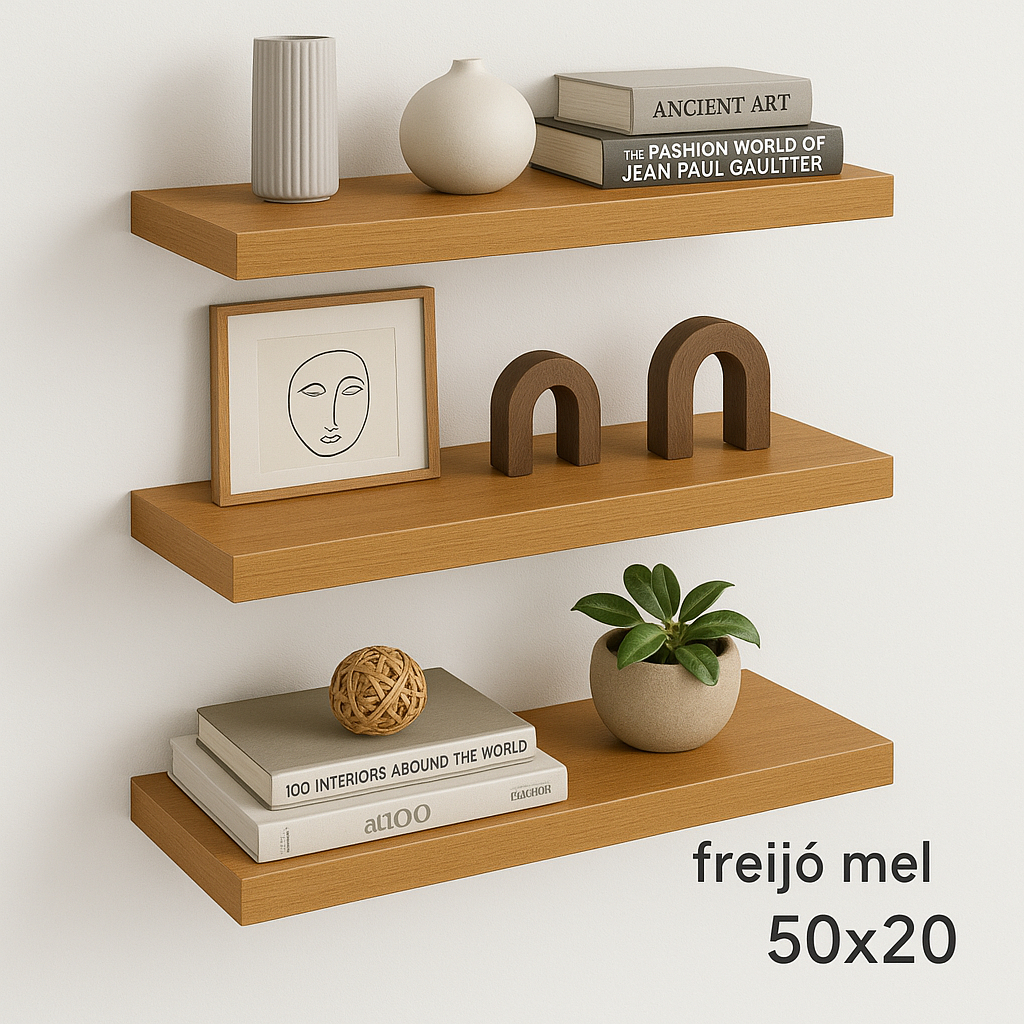 Prateleira 50x20 amadeirada freijó MDF 25mm decorações quarto sala escritório com suporte invisível