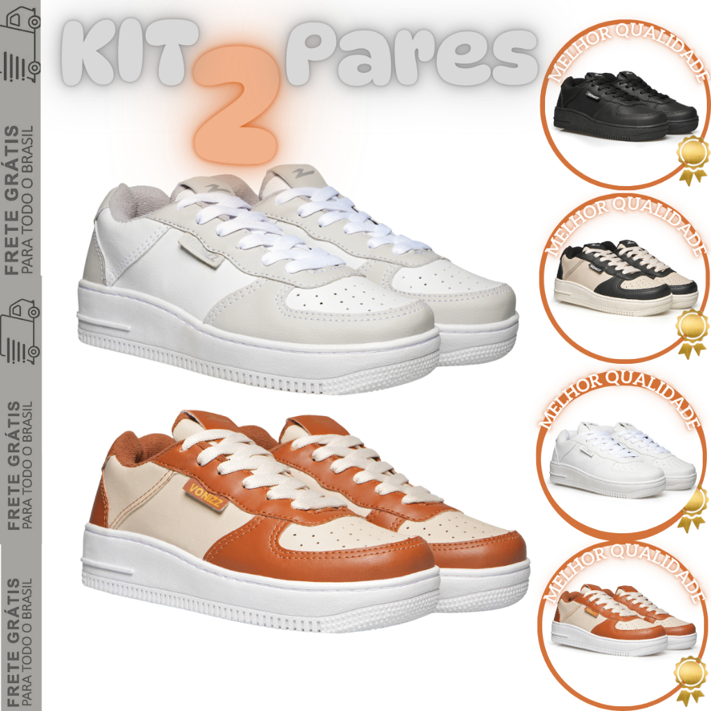Tenis Feminino Kit 2 Todo Costurado Macio e Elegante 34 Ao 43 Branco Preto