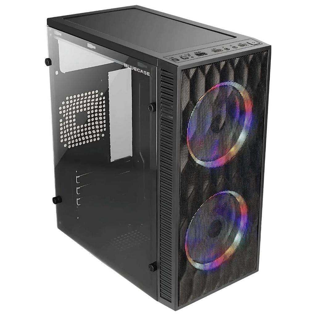 Gabinete Gamer RGB Preto BlueCase Compatível Micro-ATX e Mini-ITX com 2 Fans Rainbow 120mm