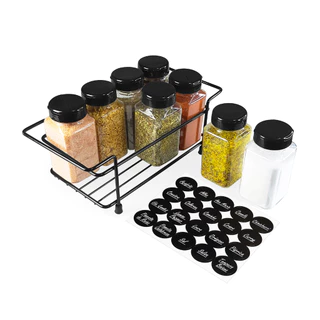 Porta Tempero Modelo Caixa de Ferro + 8 Potes 220ml Tampa Dupla com Etiquetas Condimentos Temperos