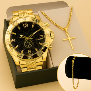 Kit Relógio + Corrente Pingente Cruz + Pulseira Masculina em Aço Inox – Prata ou Dourado