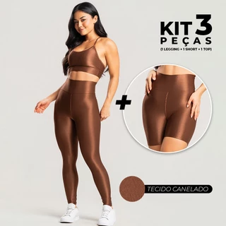 Kit 3 peças fitness feminino – conjunto academia com legging, short e top em malha trilobal canelada brilhosa