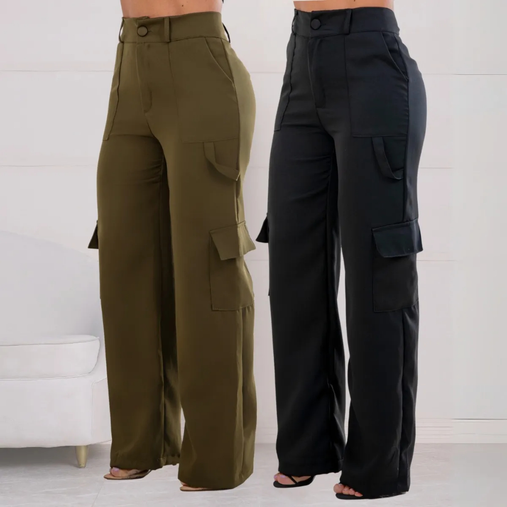 Calça Feminina Cargo Alfaiataria Com Bolso Lateral Wide Leg | Shopee Brasil