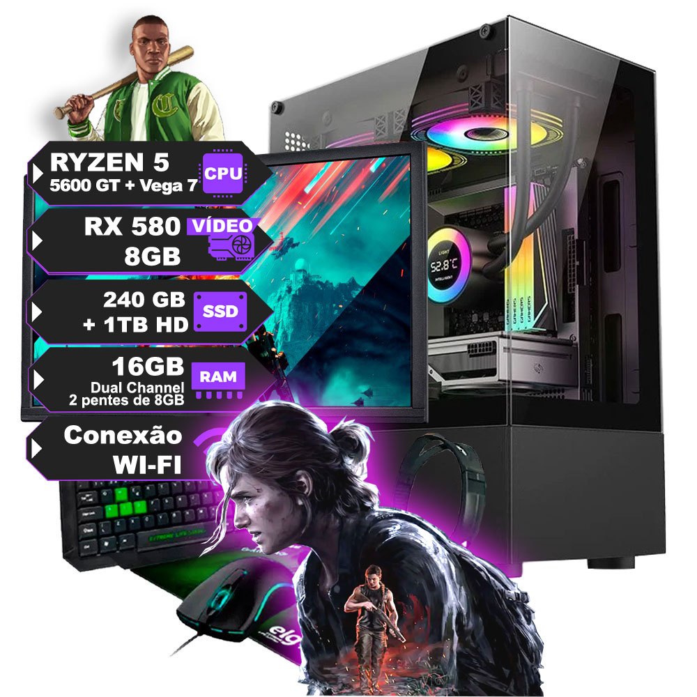 PC Gamer Completo Ryzen 5 5600GT, Placa Vídeo RX 580 8GB, SSD 240GB, HD ...