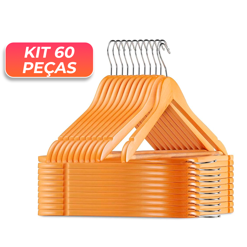 Kit 60 Cabides De Madeira Premium Marfim Para Roupas Calça Gancho Cromado