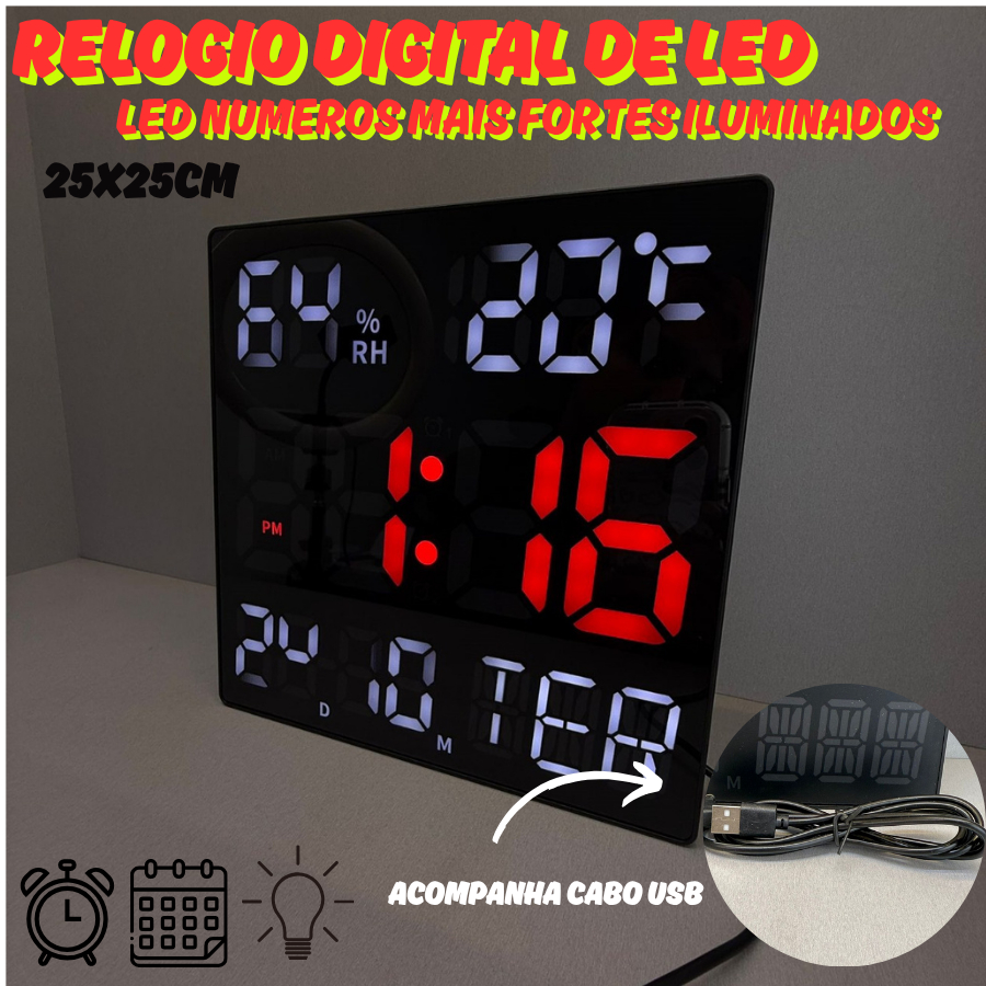 Relogio De Parede 25x25CM Digital De Led Com Calendario Hora