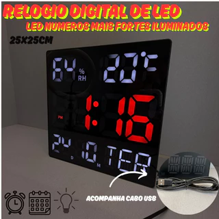 Relogio De Parede 25x25CM Digital De Led Com Calendario Hora Temperatura E Ajuste De Brilho Com Usb em Oferta na Shopee