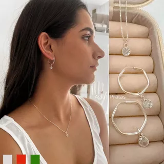 Conjunto Colar e Brinco de Argola Sextavado Ponto de Luz Zircônia Colorida em Prata Legítima 925