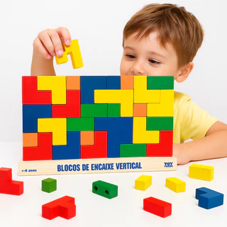 Brinquedo Educativo Blocos de Encaixe Vertical Tetris Madeira Colorida com 25 Peças Toy Trade