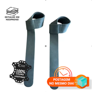 1 Par Strap De Couro Legítimo C/Neoprene Fita Preta Couro Academia Musculação Treino Hand Grip Tala