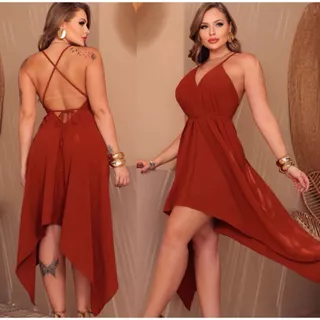 Vestido Feminino Midi Envelope Alcinha Soltinho Costa Nua Com Varias Amarrações