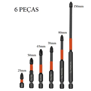 Conjunto de Bits Phillips Magnéticos PH2 de Alta Resistência Kit com Variação - Comprimentos 25, 50, 65, 75, 90 e 150mm