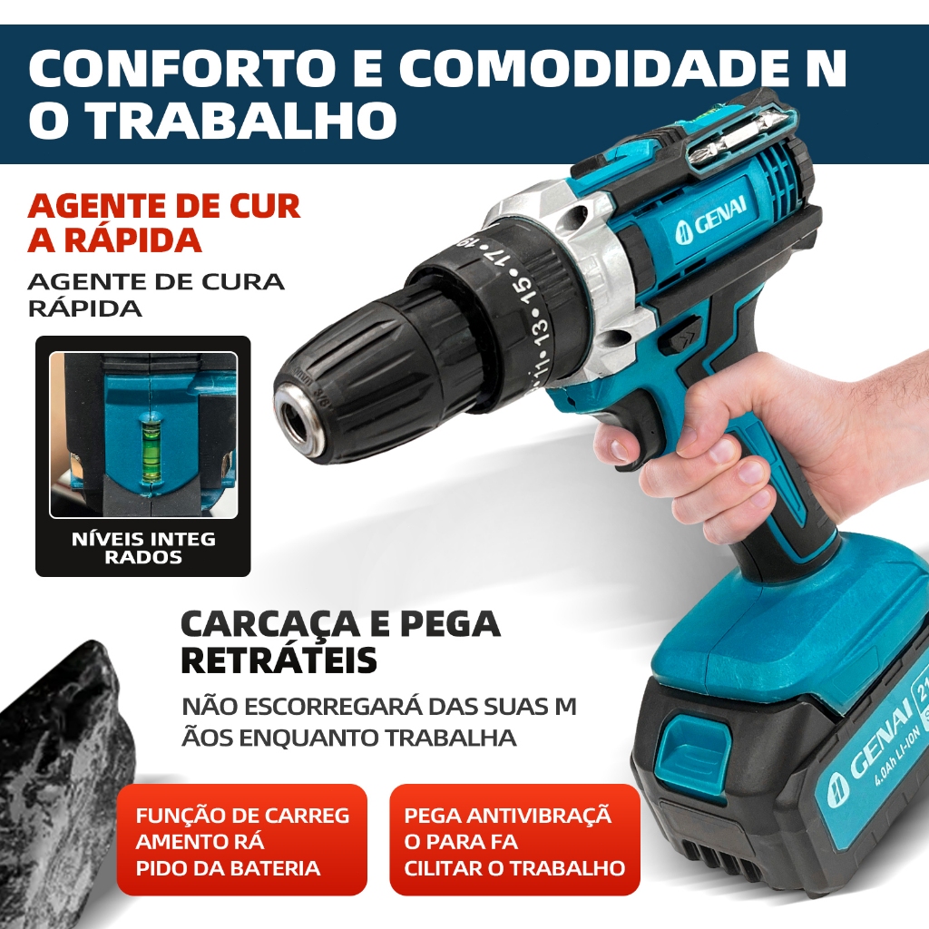 GENAI】Kit 3 em 1 21V - Chave Impacto, Esmerilhadeira e Furadeira