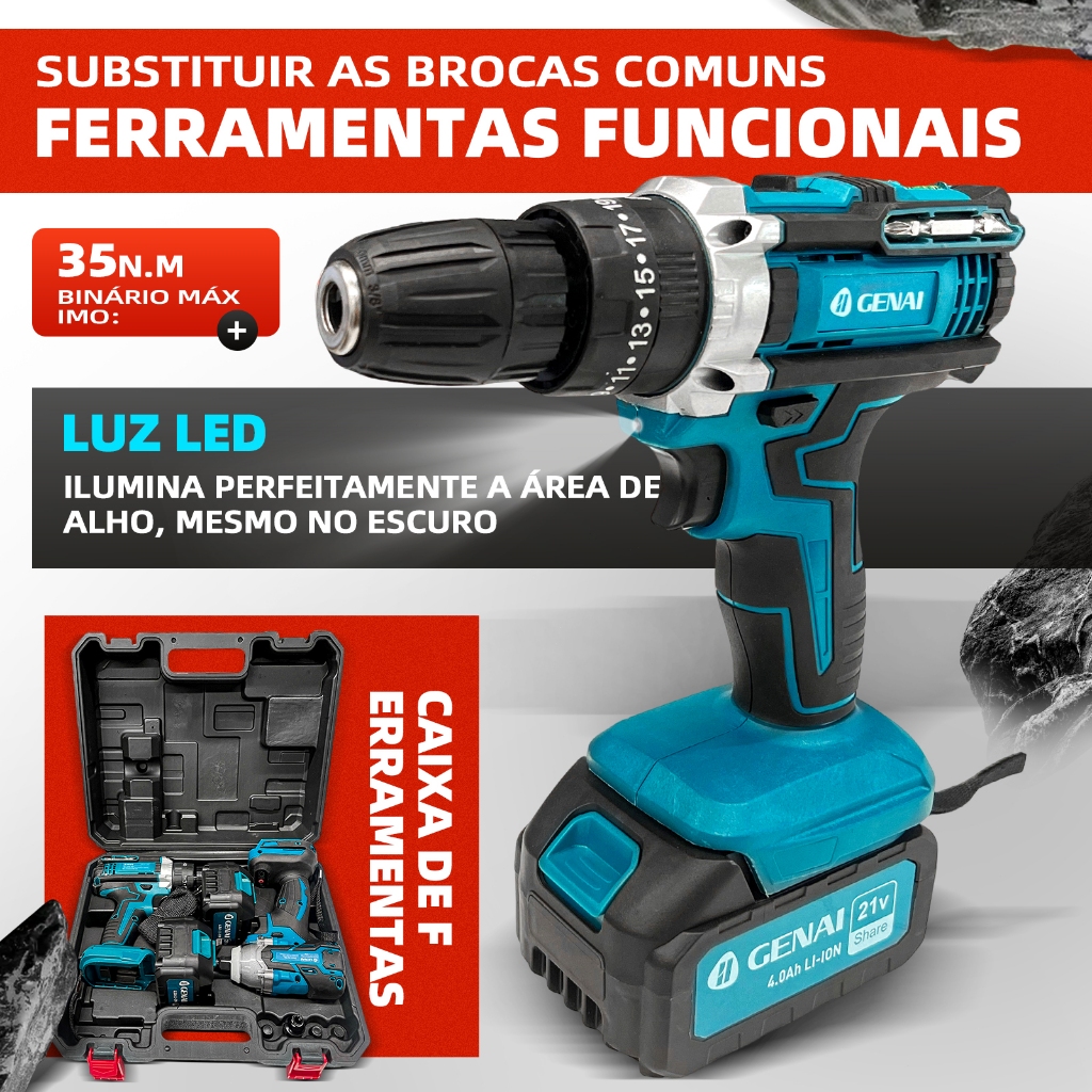 GENiS 3点セット GENAI】Kit 3 em 1 21V - Chave Impacto, Esmerilhadeira e Furadeira
