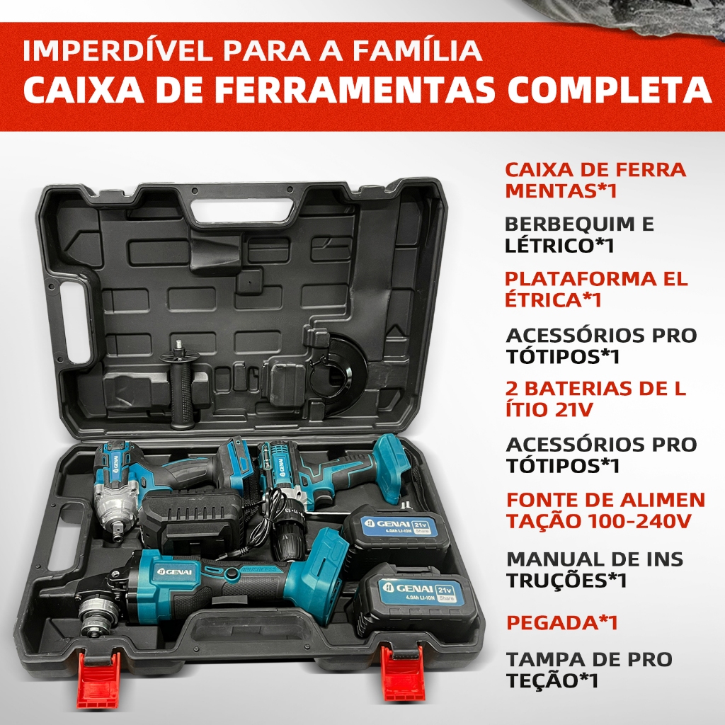 GENiS 3点セット GENAI】Kit 3 em 1 21V - Chave Impacto, Esmerilhadeira e Furadeira