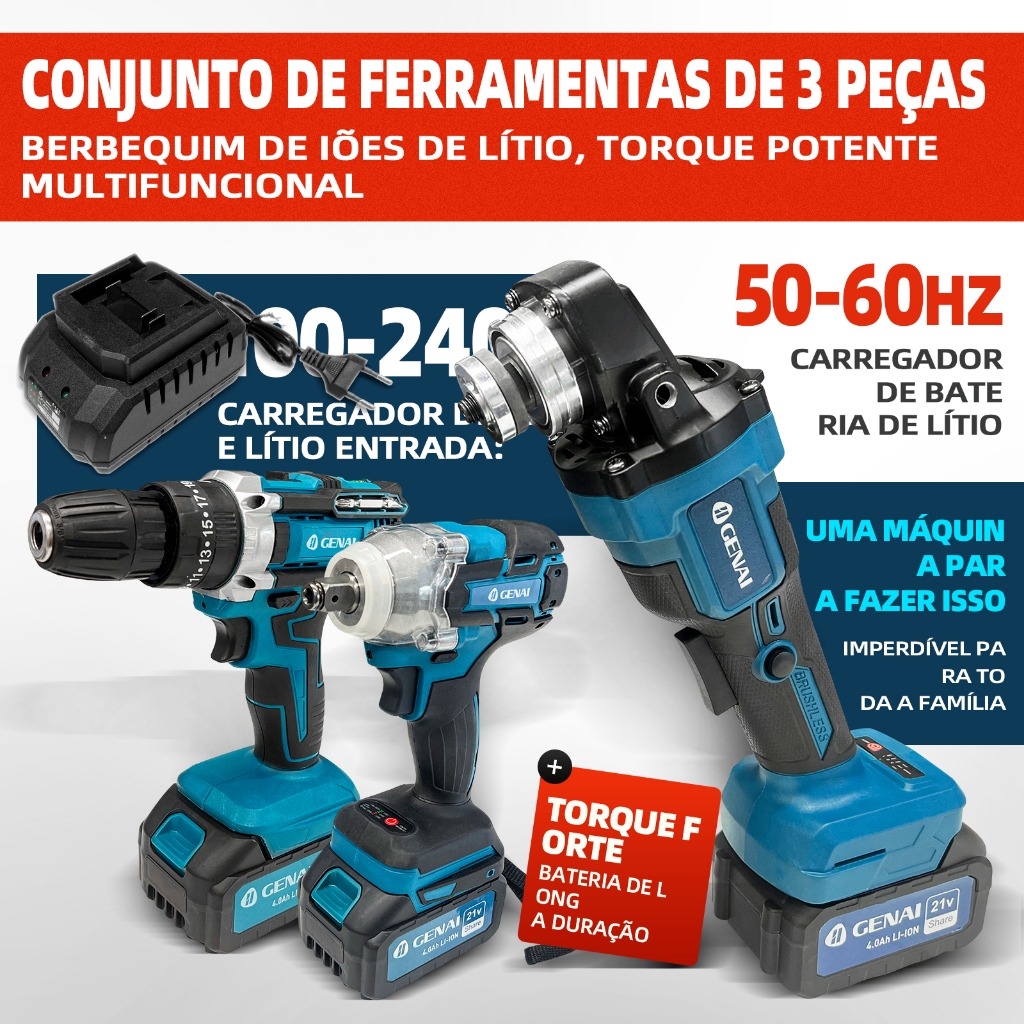 GENAI】Kit 3 em 1 21V - Chave Impacto, Esmerilhadeira e Furadeira
