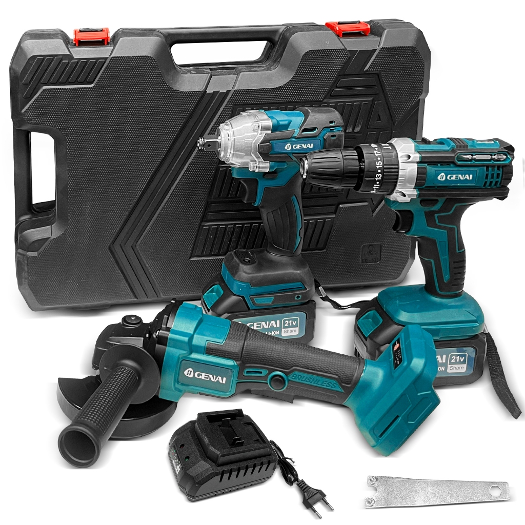 GENAI】Kit 3 em 1 21V - Chave Impacto, Esmerilhadeira e Furadeira