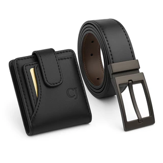 Kit Carteira Masculina Couro Com fecho de botao + Cinto dupla face 2 EM 1 Preto e marrom com fivela Giratória Presente