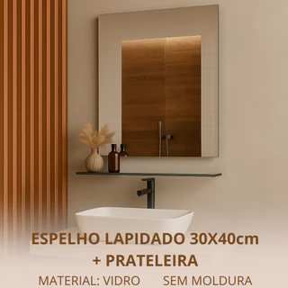 Kit Espelho 30x40 cm + Prateleira de Vidro - Espelho Banheiro / Penteadeira / Barbearia