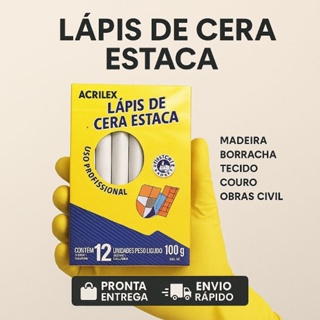 Giz de Cera Branco Estaca Acrilex - 12 Unidades - Madeira - Borracha - Cimento - Uso Profissional