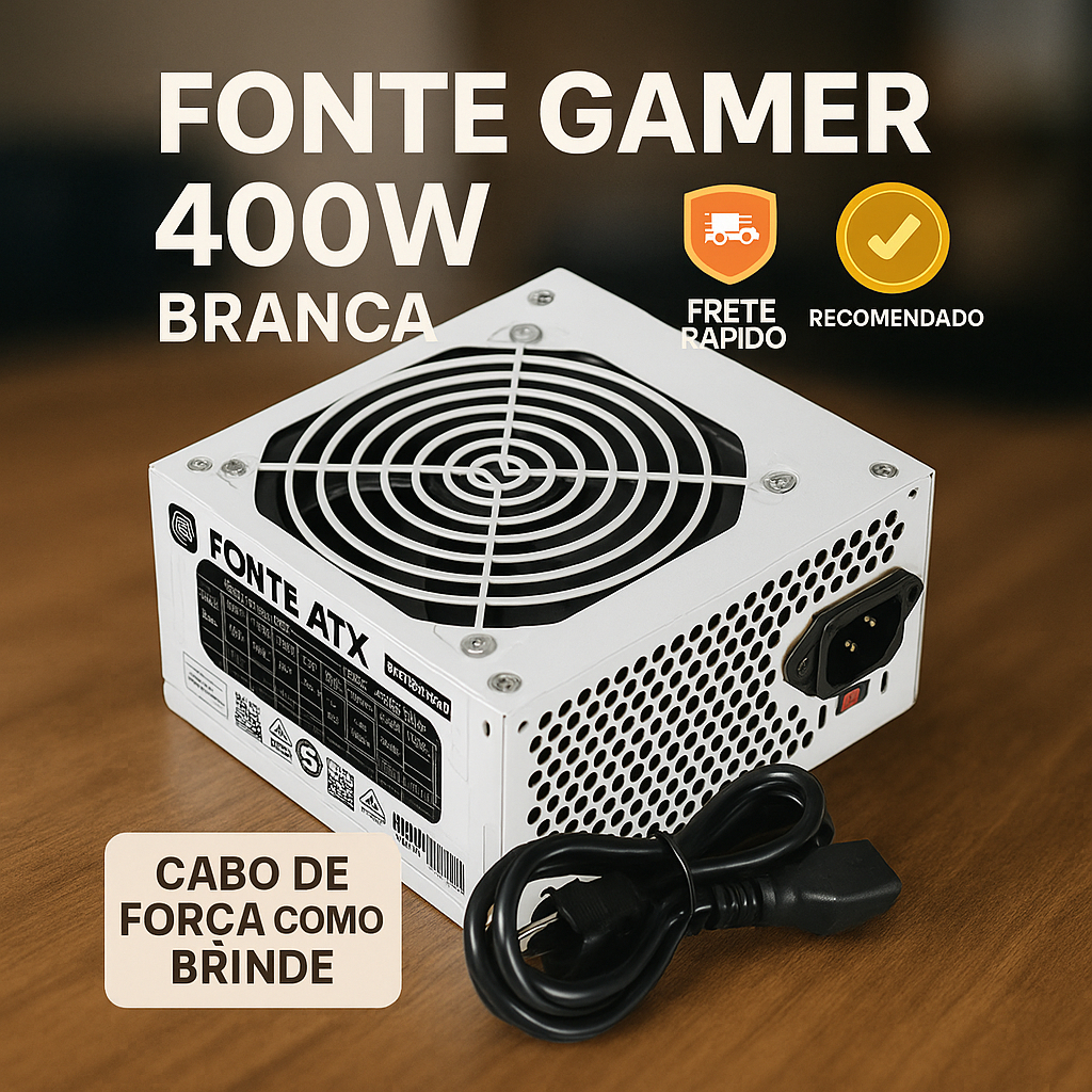 Fonte ATX 400W Reforçada Branca Bivolt Manual Silenciosa Cooler 120mm P/ PC Intel AMD Gamer