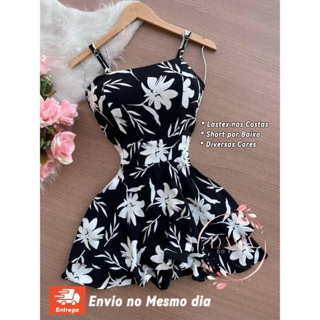 Vestido Macaquinho Estampado Preto e Branco, Possui Bojo, Short por baixo, Ideal para festas