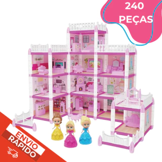 Casinha De Boneca Infantil Grande Com 4 Andares Com Cozinha Sala Quarto Castelo Princesa 240 Peças