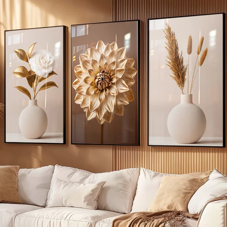 Quadro decorativos trio moderno exclusivo flores rosa branco dourado para sala hall