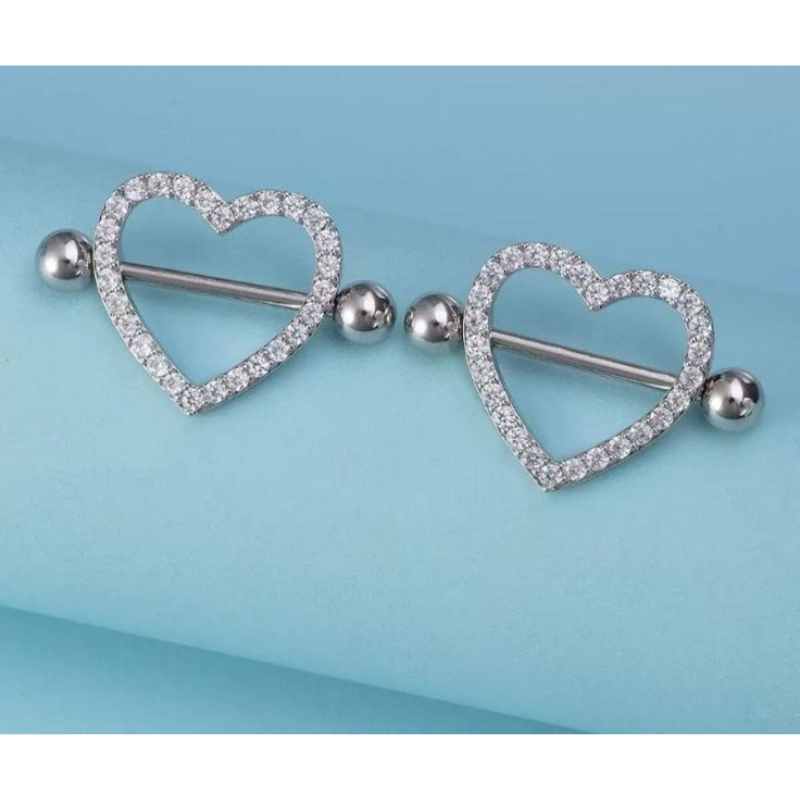 Kit 2 Piercing Mamilo Seios Peito Modelos Coração Cravejado com Zirconia Cristal Aço Inox