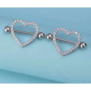 Kit 2 Piercing Mamilo Seios Peito Modelo Coração Cravejado com Zirconia Cristal Aço Inox