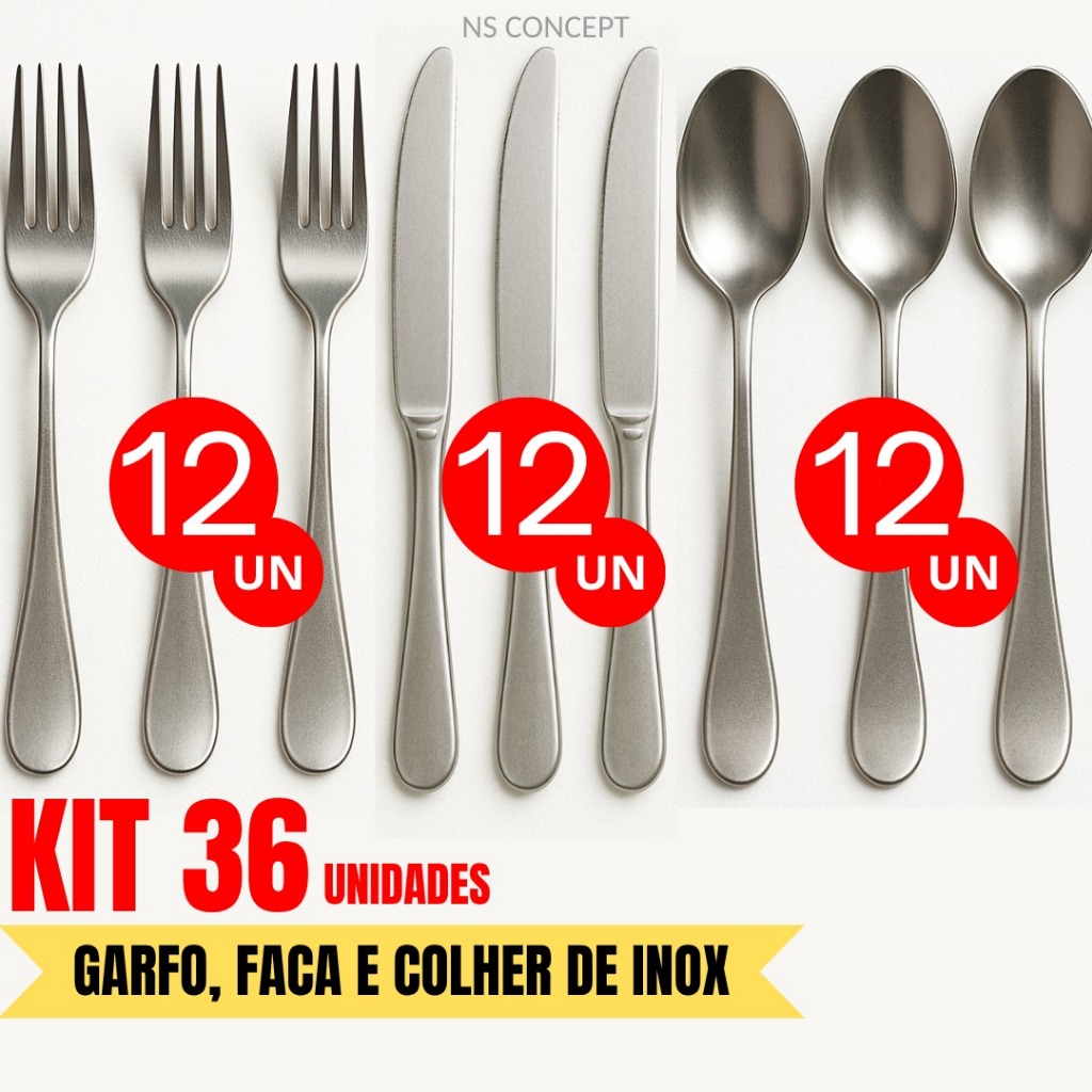 Kit 36 Talheres Inox Inoxidável – 12 Garfos, 12 Facas e 12 Colheres ...