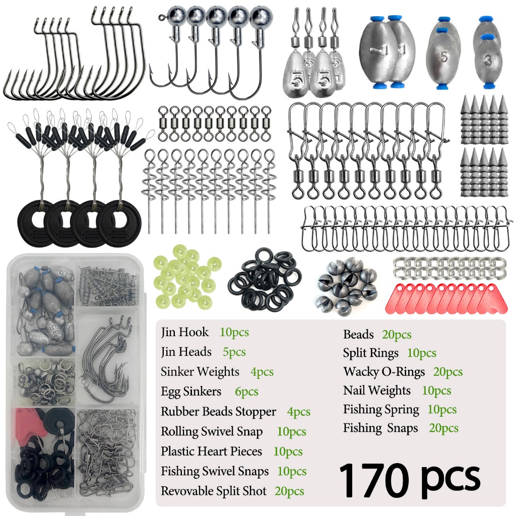 170pcs Fishing Accessories Kit with Fishing Box Fish Hooks Swivels Sinkers Outdoor Fishing Accessories Set Gifts for Men
