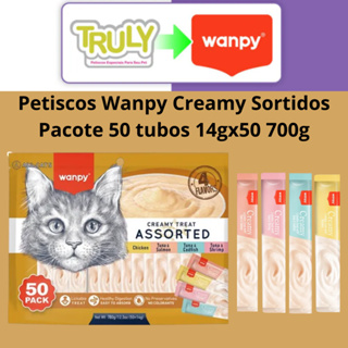 Petisco para gatos Wanpy Truly Creamy Sabores Sortidos Pacote com 50 tubos 14gx50 700g em Oferta na Shopee
