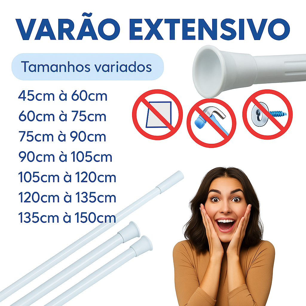 Varão Extensível Multiuso Branco para Cortina – Ajustável, Sem Furo, Banheiro e Armário