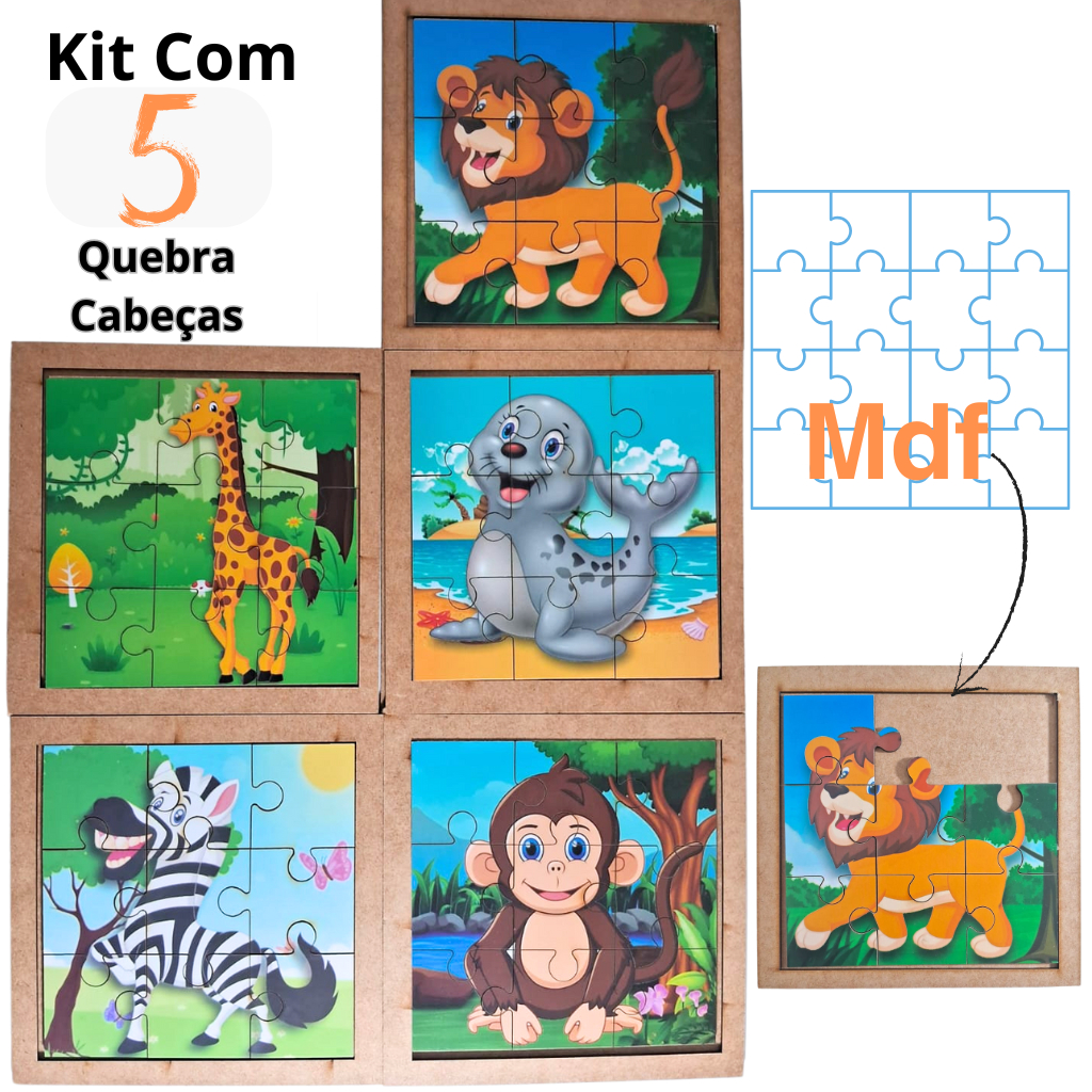 Kit 5 Quebra Cabeça animais Infantil Safari em Mdf Jogo Educativo ...