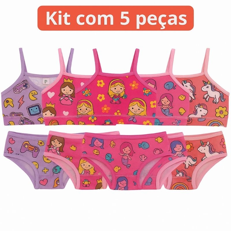Kit 5 Conjunto Calcinha Sutia Infantil Criança Adolescente Roupa ...