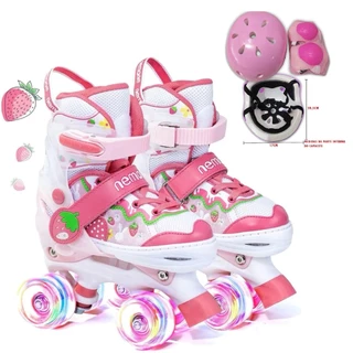 Patins Infantil 4 Rodas Menina Rosa Morango Promoção Com Led + Proteção Ajustável Black Friday
