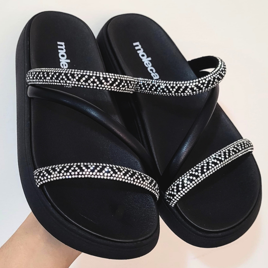 Sandália Papete Feminino Moleca Strass Cristal / Glitter