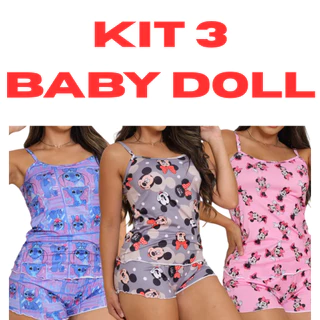 Kit 3 Conjunto Pijama Baby Doll MICRO Short Doll Estampado Sem Bojo Original Fresquinho em Oferta na Shopee