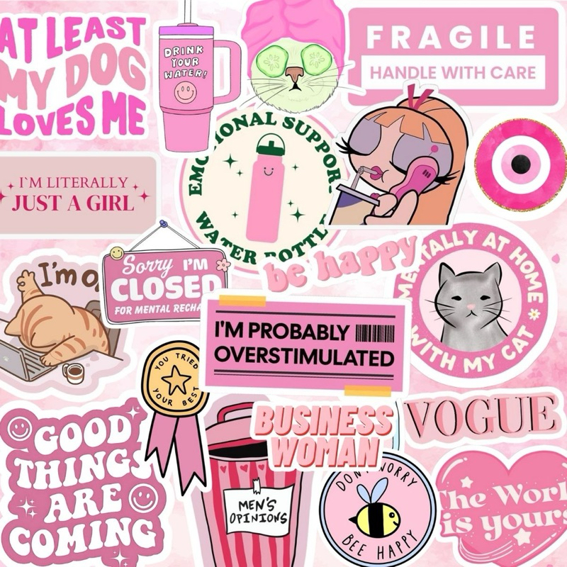 33 Adesivos à prova d’água Garrafinha Temática Rosa para Colagem e Personalização Journal Kindle