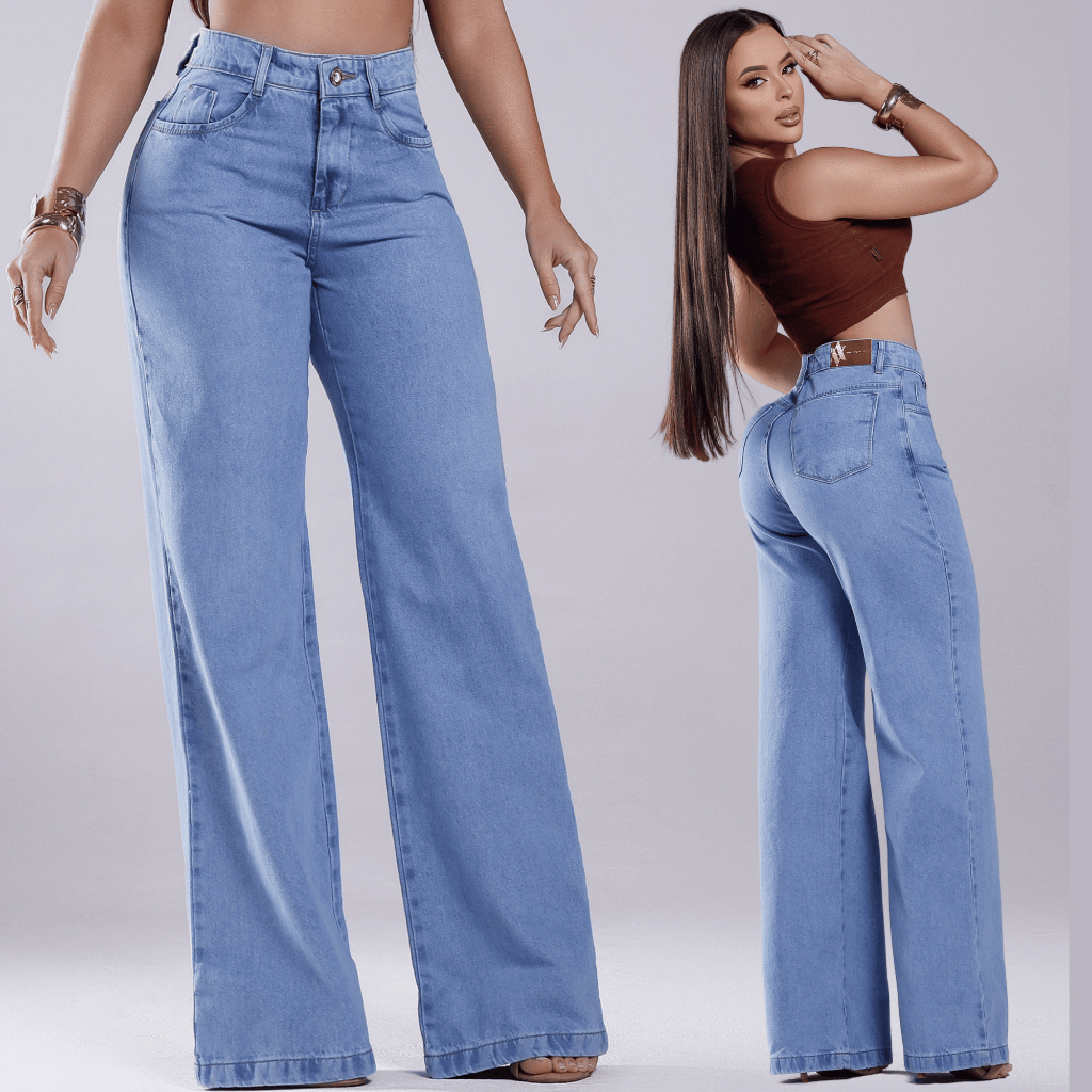 Calca Wide Leg Jeans Feminina Pantalona 100% Cintura alta | Shopee Brasil