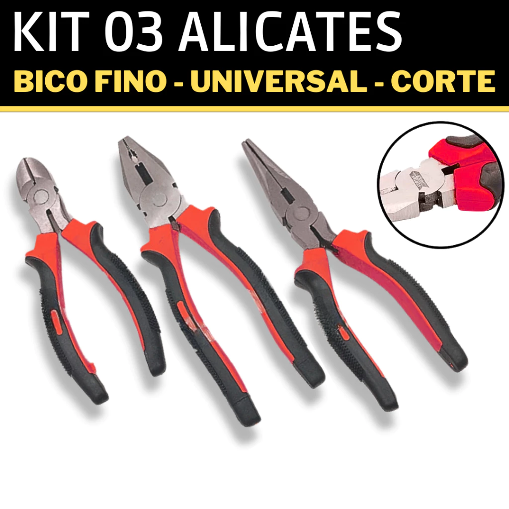 Kit 03 Alicate Universal 6" Polegadas Multiuso Emborrachado Profissional Bico