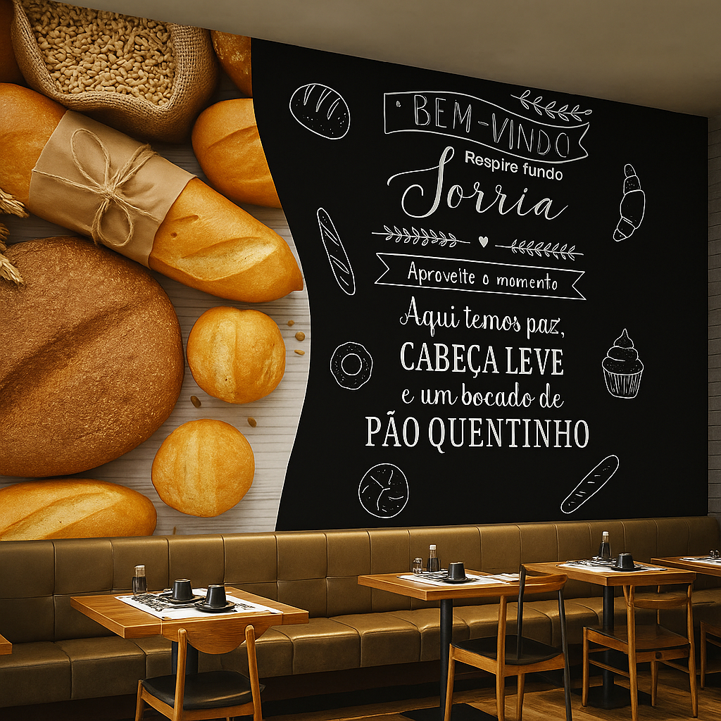 Papel de Parede para Padaria • Arte Rústica com Pães e Escri