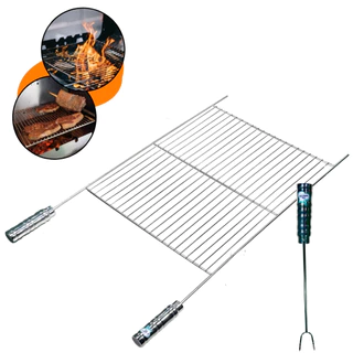 Grelha Churrasco Plana Aramada Aço Inox 304 Parrilla + Garfo Pão de Alho Carne Frango Linguiça Cabo Revestido Alumínio