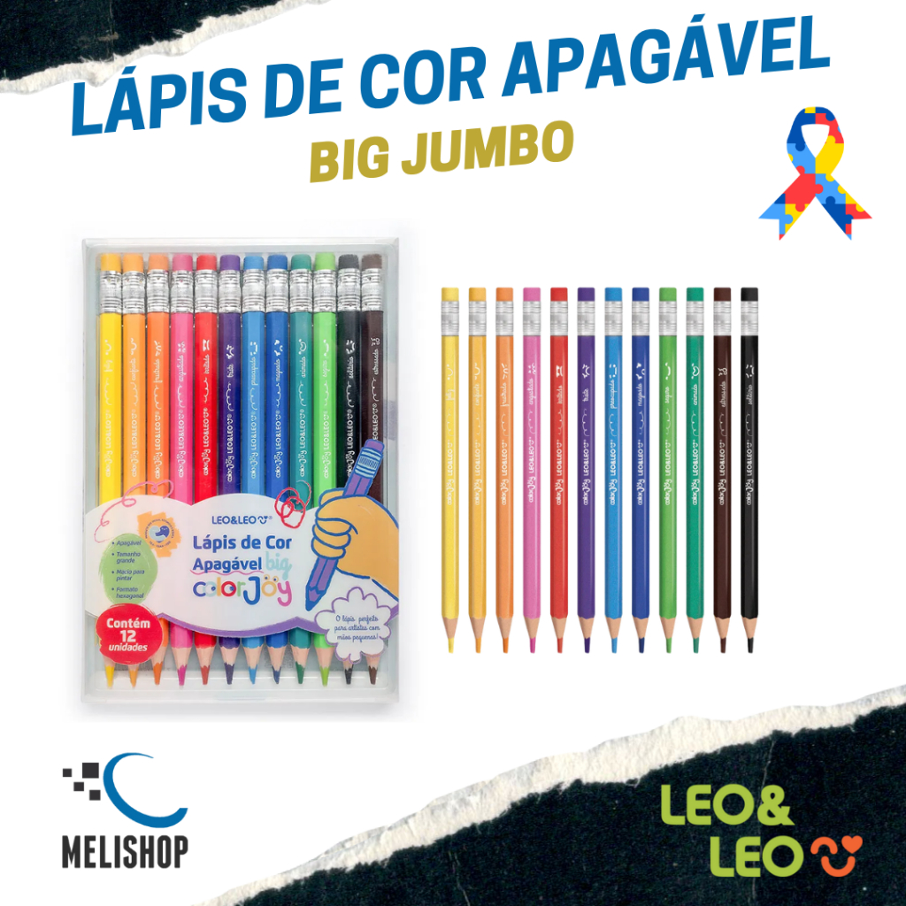 Lápis de Cor Apagável Big Color Joy 12 Cores Hexagonal Leo&Leo
