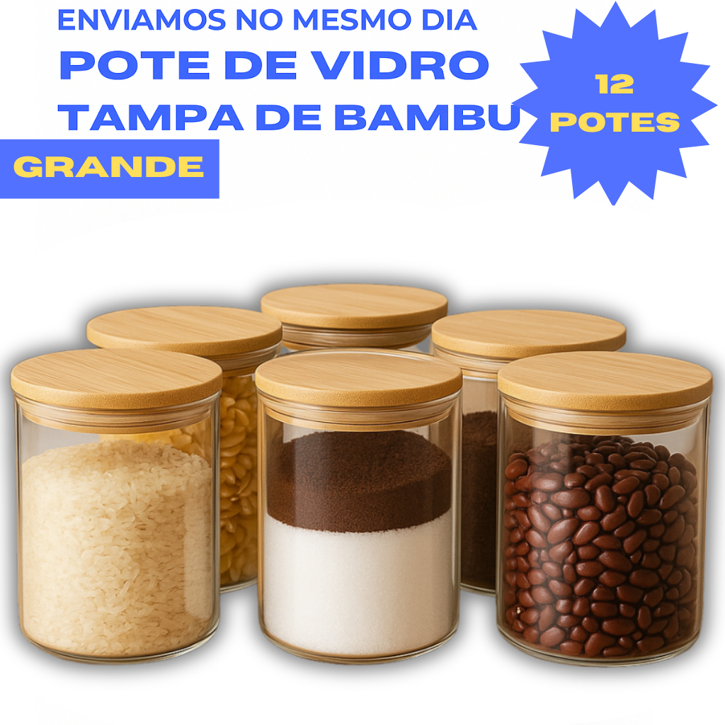 Kit 12 Potes de Vidro GRANDE 950ml com Tampa de Bambu | Hermético à ...