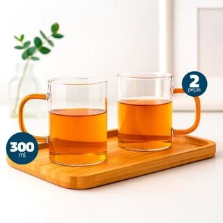 Caneca de Vidro 300ml Com Alça Colorida Café Chá 2 Unidades