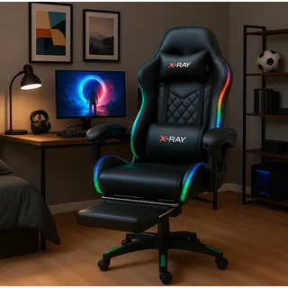 Cadeira Gamer X-Ray LED RGB e Apoio para os Pés Ergonômica, Reclinável, Almofadas Lombar e Cervical